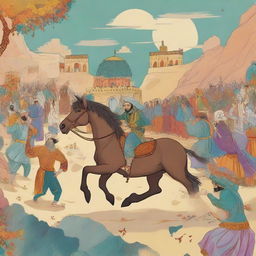 A vibrant, engaging illustration for a teenage book, capturing the exciting tale of Garshasp from the Shahnameh, designed to captivate a younger audience.