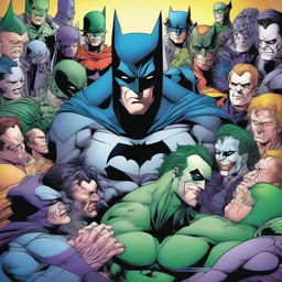 Batman cradling the Joker in his arms, with the Justice League members standing, solemnly observing from behind