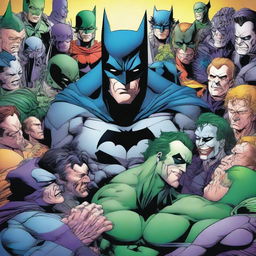 Batman cradling the Joker in his arms, with the Justice League members standing, solemnly observing from behind