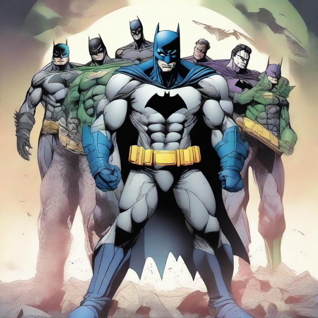 Batman cradling the Joker in his arms, with the Justice League members standing, solemnly observing from behind