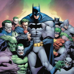 Batman cradling the Joker in his arms, with the Justice League members standing, solemnly observing from behind