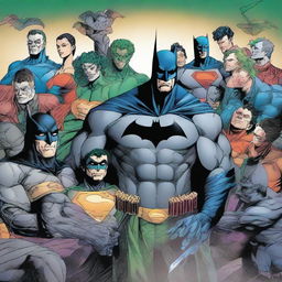 Batman cradling the Joker in his arms, with the Justice League members standing, solemnly observing from behind