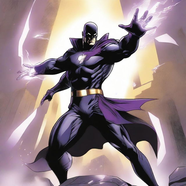 A superhero attired in a black and purple costume, wielding telekinetic powers, hovers in the air, menacingly holding the head of a vanquished villain in his hand.