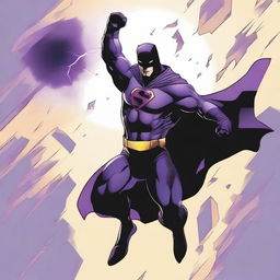 A superhero attired in a black and purple costume, wielding telekinetic powers, hovers in the air, menacingly holding the head of a vanquished villain in his hand.