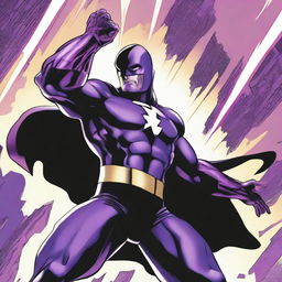 A superhero attired in a black and purple costume, wielding telekinetic powers, hovers in the air, menacingly holding the head of a vanquished villain in his hand.