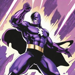 A superhero attired in a black and purple costume, wielding telekinetic powers, hovers in the air, menacingly holding the head of a vanquished villain in his hand.