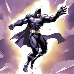 A superhero attired in a black and purple costume, wielding telekinetic powers, hovers in the air, menacingly holding the head of a vanquished villain in his hand.