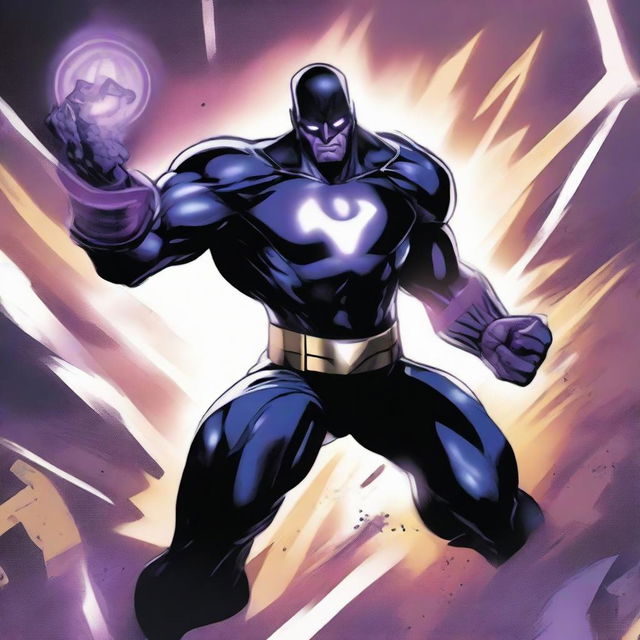 A superhero donned in a badass, black and purple costume radiating dark energy, showcases telekinetic power, floating in the air while gripping the head of a defeated villain malevolently.