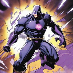 A superhero donned in a badass, black and purple costume radiating dark energy, showcases telekinetic power, floating in the air while gripping the head of a defeated villain malevolently.