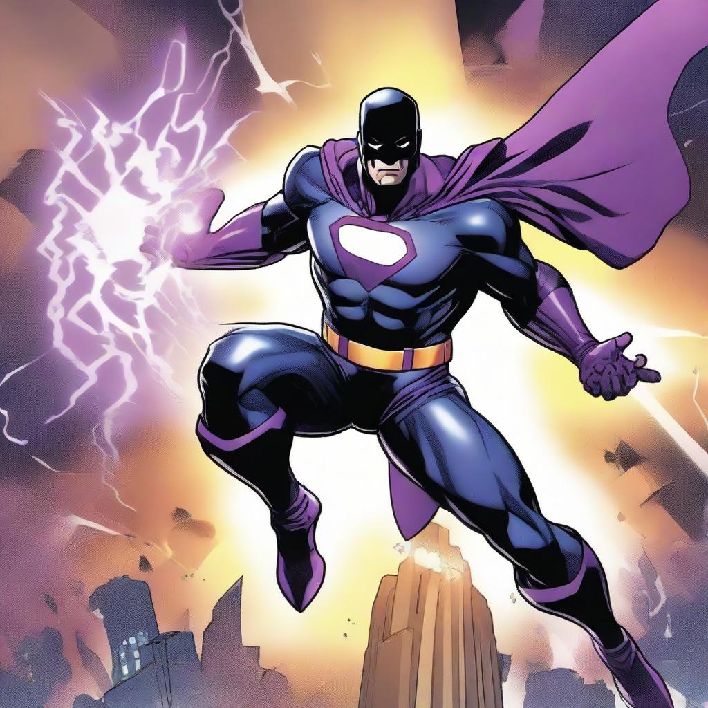 A superhero donned in a badass, black and purple costume radiating dark energy, showcases telekinetic power, floating in the air while gripping the head of a defeated villain malevolently.