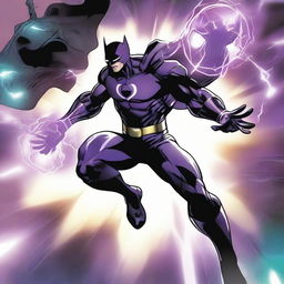 A superhero donned in a badass, black and purple costume radiating dark energy, showcases telekinetic power, floating in the air while gripping the head of a defeated villain malevolently.