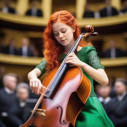 A Ukrainian girl with vibrant red hair, dressed in a traditional green attire, skillfully playing a cello on the ornate stage of a European philharmonic concert hall.