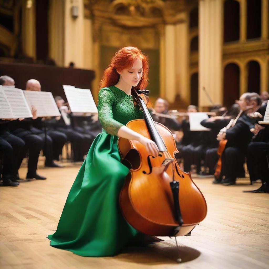 A Ukrainian girl with vibrant red hair, dressed in a traditional green attire, skillfully playing a cello on the ornate stage of a European philharmonic concert hall.