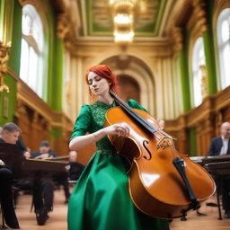 A Ukrainian girl with vibrant red hair, dressed in a traditional green attire, skillfully playing a cello on the ornate stage of a European philharmonic concert hall.