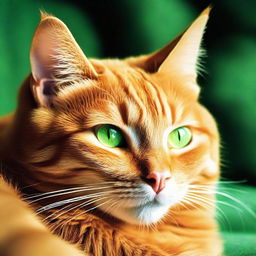 A vibrant orange cat with luminous green eyes, purring softly in comfortable repose.