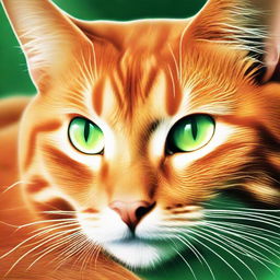 A vibrant orange cat with luminous green eyes, purring softly in comfortable repose.