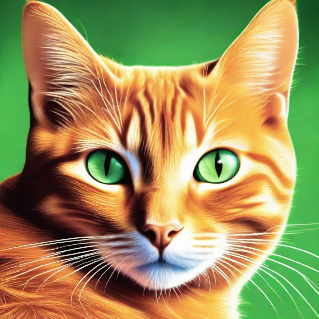 A vibrant orange cat with luminous green eyes, purring softly in comfortable repose.