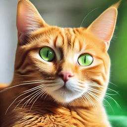 A vibrant orange cat with luminous green eyes, purring softly in comfortable repose.