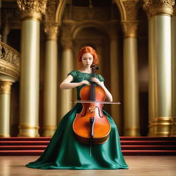 A Ukrainian girl with vibrant red hair in a traditional green dress, skillfully playing a cello with her bow in the right hand, on the ornate stage of a European philharmonic concert hall.