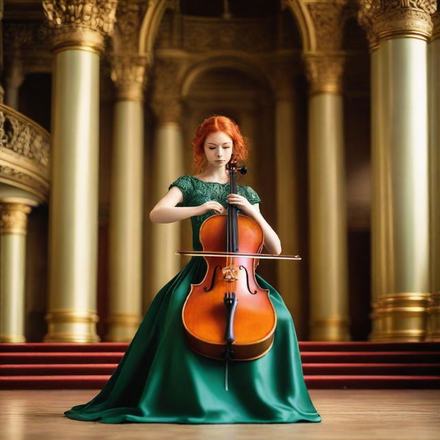 A Ukrainian girl with vibrant red hair in a traditional green dress, skillfully playing a cello with her bow in the right hand, on the ornate stage of a European philharmonic concert hall.