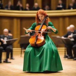 A Ukrainian girl with vibrant red hair in a traditional green dress, skillfully playing a cello with her bow in the right hand, on the ornate stage of a European philharmonic concert hall.