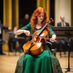 A Ukrainian girl with vibrant red hair in a traditional green dress, skillfully playing a cello with her bow in the right hand, on the ornate stage of a European philharmonic concert hall.