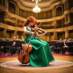 A Ukrainian girl with vibrant red hair in a traditional green dress, skillfully playing a cello with her bow in the right hand, on the ornate stage of a European philharmonic concert hall.