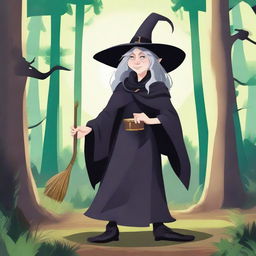 An old witch hunched over, with an ugly nose and a classic witch hat, prepping her broom for flight in a lush forest. A bright shiny ring glows on her finger.