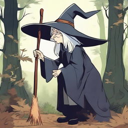 An old witch hunched over, with an ugly nose and a classic witch hat, prepping her broom for flight in a lush forest. A bright shiny ring glows on her finger.