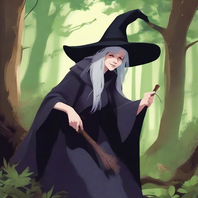 An old witch hunched over, with an ugly nose and a classic witch hat, prepping her broom for flight in a lush forest. A bright shiny ring glows on her finger.