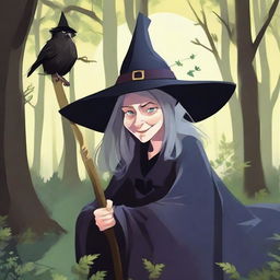 An old witch hunched over, with an ugly nose and a classic witch hat, prepping her broom for flight in a lush forest. A bright shiny ring glows on her finger.