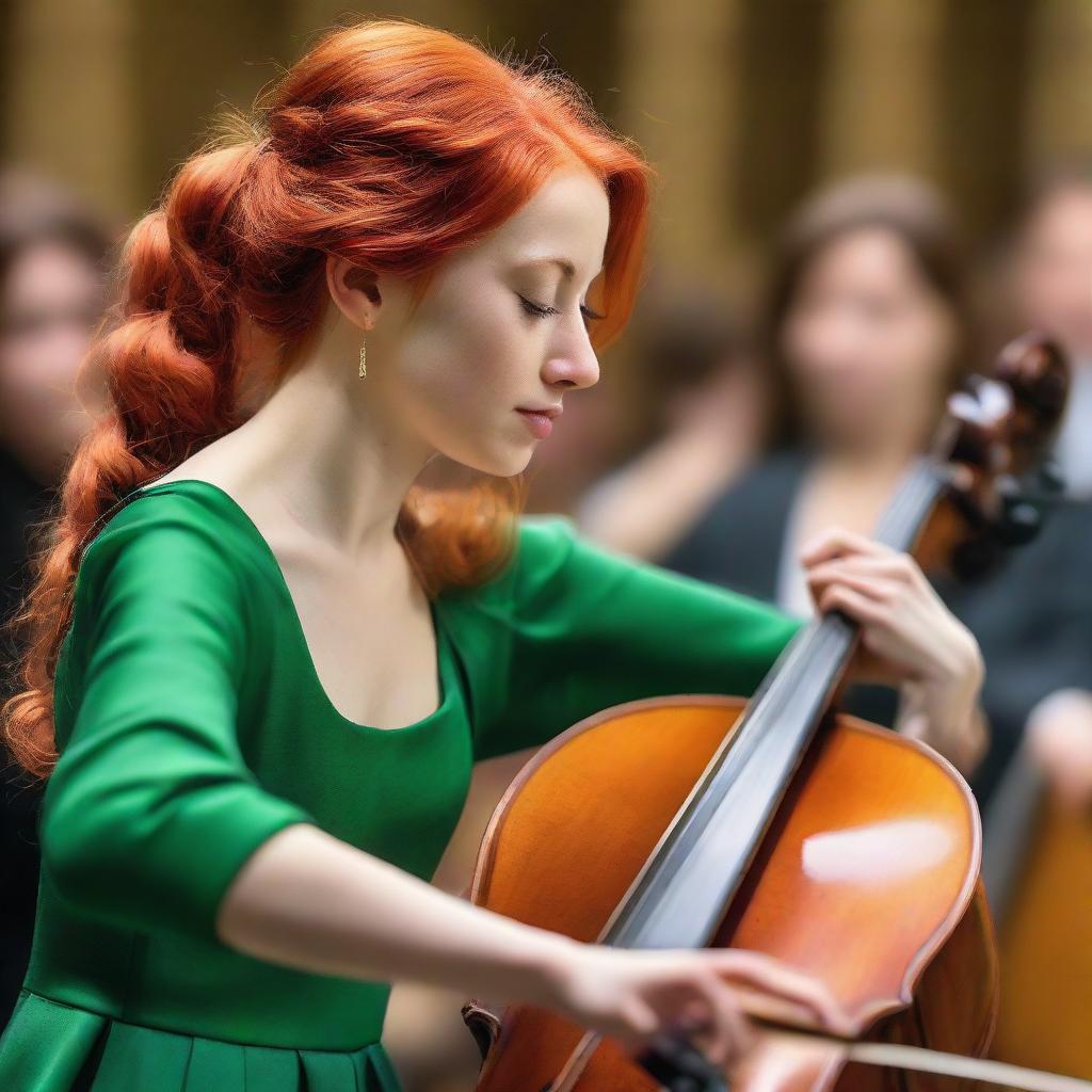 A Ukrainian girl with vivid red hair, adorned in a green dress, intently playing a cello. The girl is positioned on the grand, opulent stage of a European philharmonic concert hall, her bow firmly guided with her right hand.