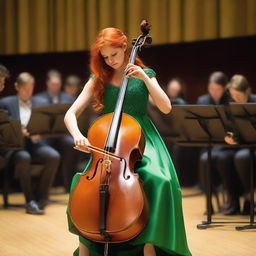 A Ukrainian girl with vivid red hair, adorned in a green dress, intently playing a cello. The girl is positioned on the grand, opulent stage of a European philharmonic concert hall, her bow firmly guided with her right hand.