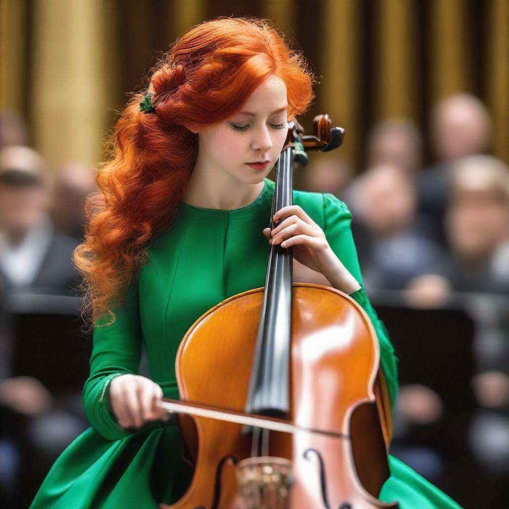 A Ukrainian girl with vivid red hair, adorned in a green dress, intently playing a cello. The girl is positioned on the grand, opulent stage of a European philharmonic concert hall, her bow firmly guided with her right hand.