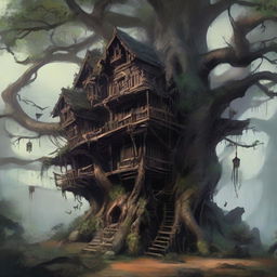 A ominous tree house, filled with menacing, demonic goblins that are suspiciously peering outside to ensure there's nobody else around.
