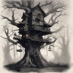 A ominous tree house, filled with menacing, demonic goblins that are suspiciously peering outside to ensure there's nobody else around.