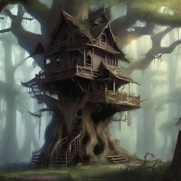 A ominous tree house, filled with menacing, demonic goblins that are suspiciously peering outside to ensure there's nobody else around.