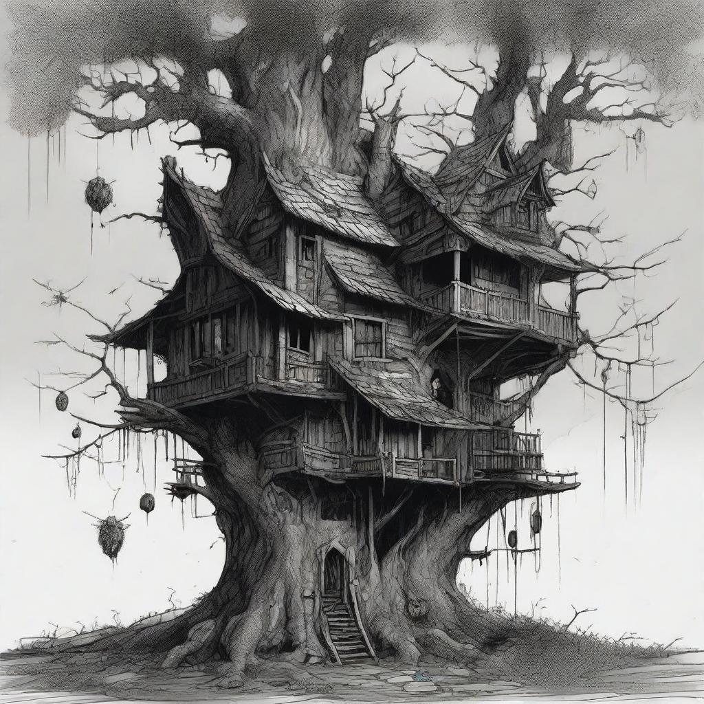 A ominous tree house, filled with menacing, demonic goblins that are suspiciously peering outside to ensure there's nobody else around.