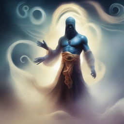 Illustration of a Djinn, a mythical creature from Arabian folklore, appearing from a swirling mist with mysterious and powerful aura.