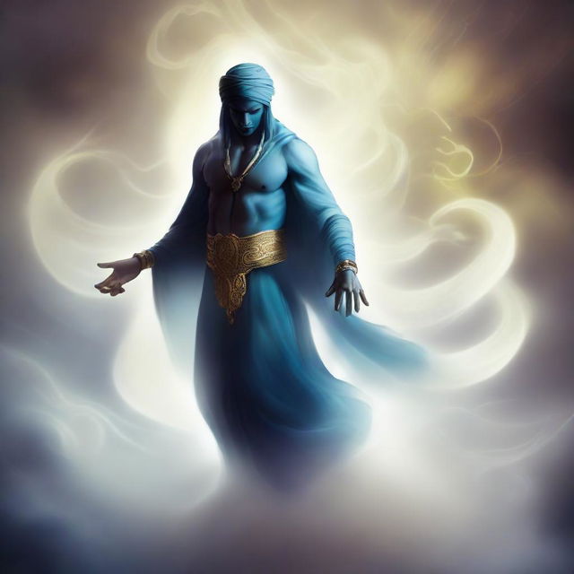 Illustration of a Djinn, a mythical creature from Arabian folklore, appearing from a swirling mist with mysterious and powerful aura.