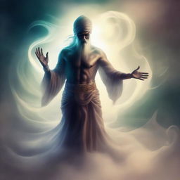 Illustration of a Djinn, a mythical creature from Arabian folklore, appearing from a swirling mist with mysterious and powerful aura.