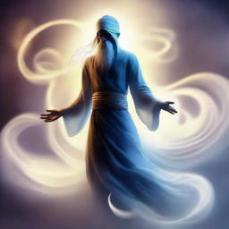 Illustration of a Djinn, a mythical creature from Arabian folklore, appearing from a swirling mist with mysterious and powerful aura.