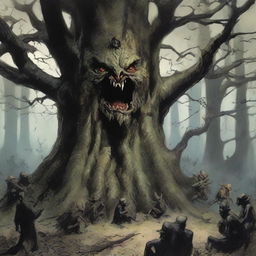 An eerie tree teeming with evil, demonic goblins inside, who are vigilantly observing their surroundings. The goblins are clearly visible, lurking within the tree.