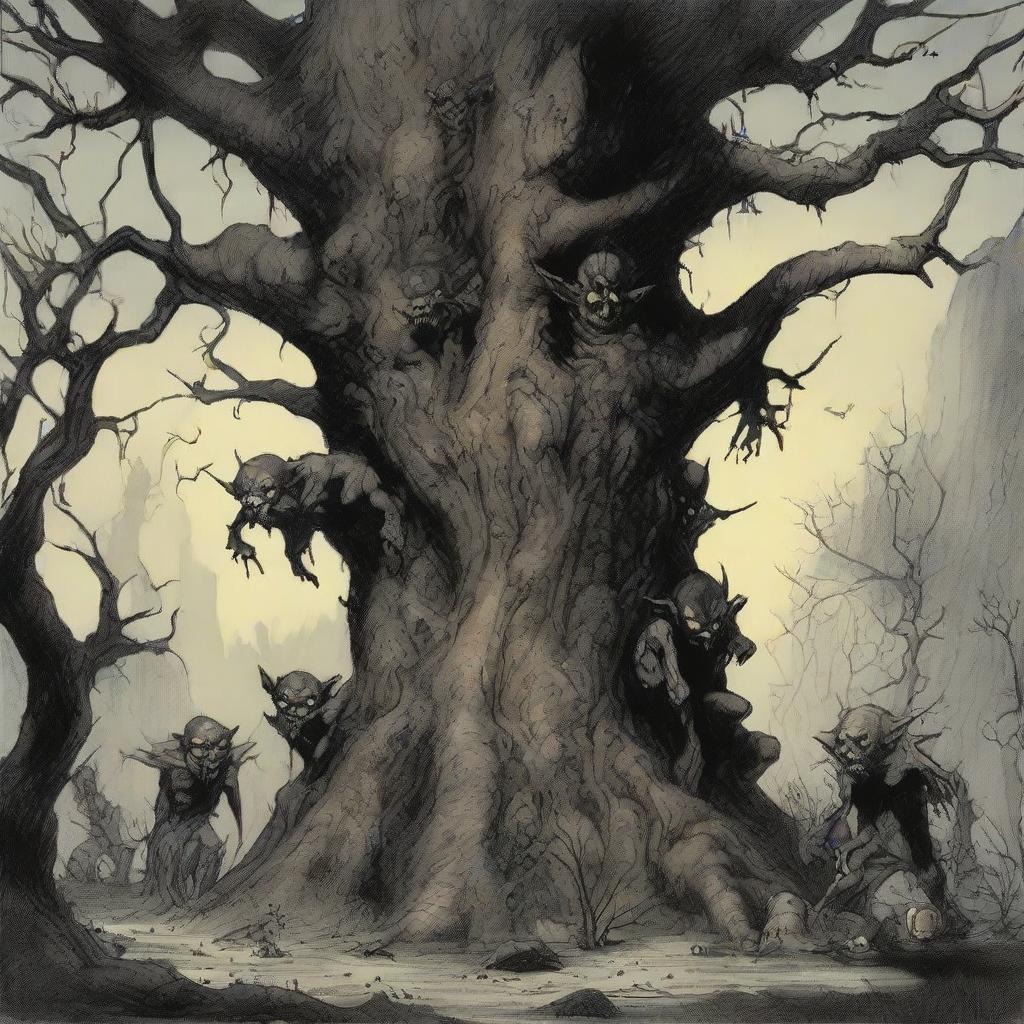 An eerie tree teeming with evil, demonic goblins inside, who are vigilantly observing their surroundings. The goblins are clearly visible, lurking within the tree.