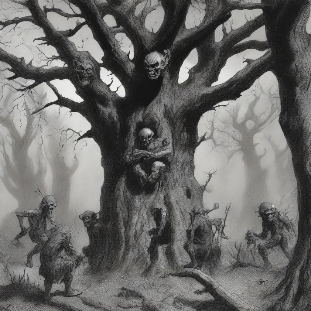 An eerie tree teeming with evil, demonic goblins inside, who are vigilantly observing their surroundings. The goblins are clearly visible, lurking within the tree.