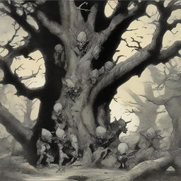 An eerie tree teeming with evil, demonic goblins inside, who are vigilantly observing their surroundings. The goblins are clearly visible, lurking within the tree.