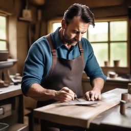 A tall, slim, strong man with brunette hair and dark brown eyes, working diligently in his rustic workshop at his country house, skillfully crafting furniture from wooden blanks.