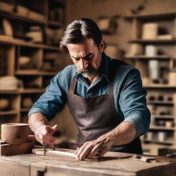 A tall, slim, strong man with brunette hair and dark brown eyes, working diligently in his rustic workshop at his country house, skillfully crafting furniture from wooden blanks.