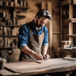 A tall, slim, strong man with brunette hair and dark brown eyes, working diligently in his rustic workshop at his country house, skillfully crafting furniture from wooden blanks.