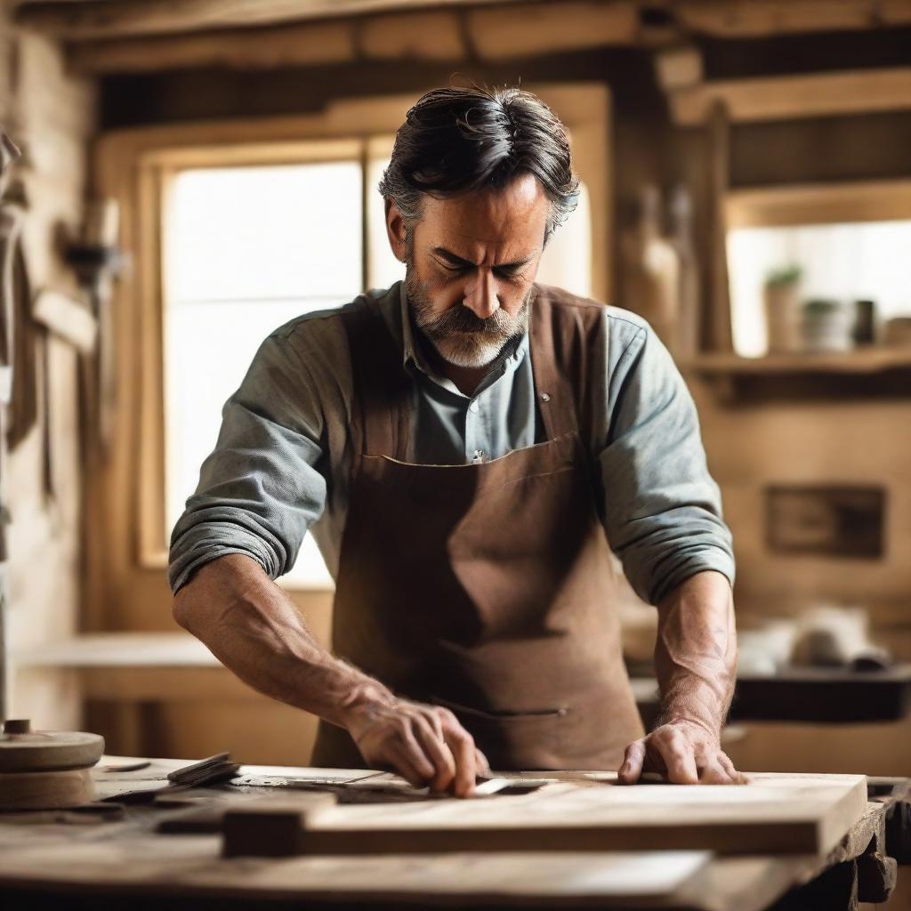 A tall, slim, strong man with brunette hair and dark brown eyes, working diligently in his rustic workshop at his country house, skillfully crafting furniture from wooden blanks.